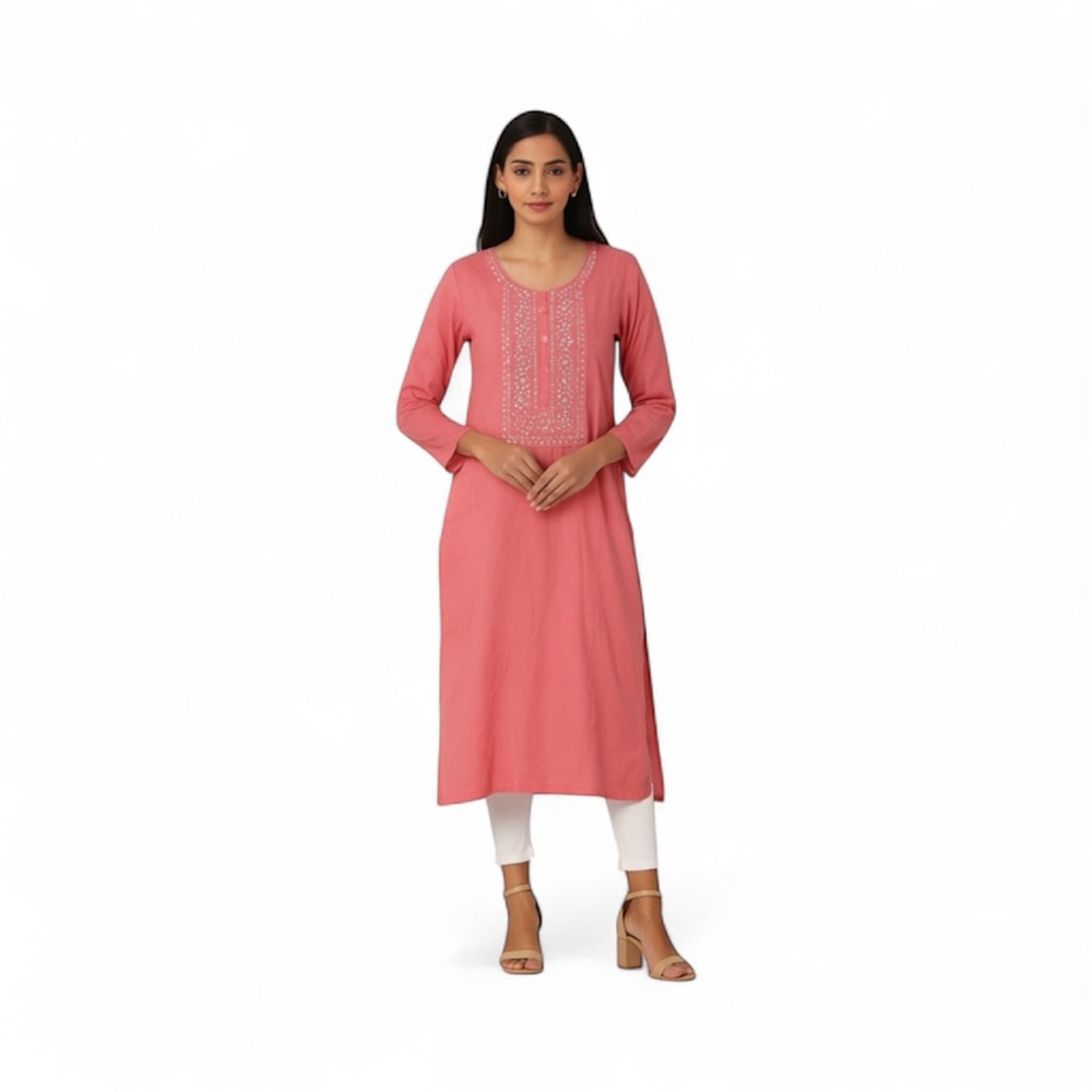 Soch, Women’s Light Pink Embroidered Straight Kurta Side Slits Lined. L.Sleeves